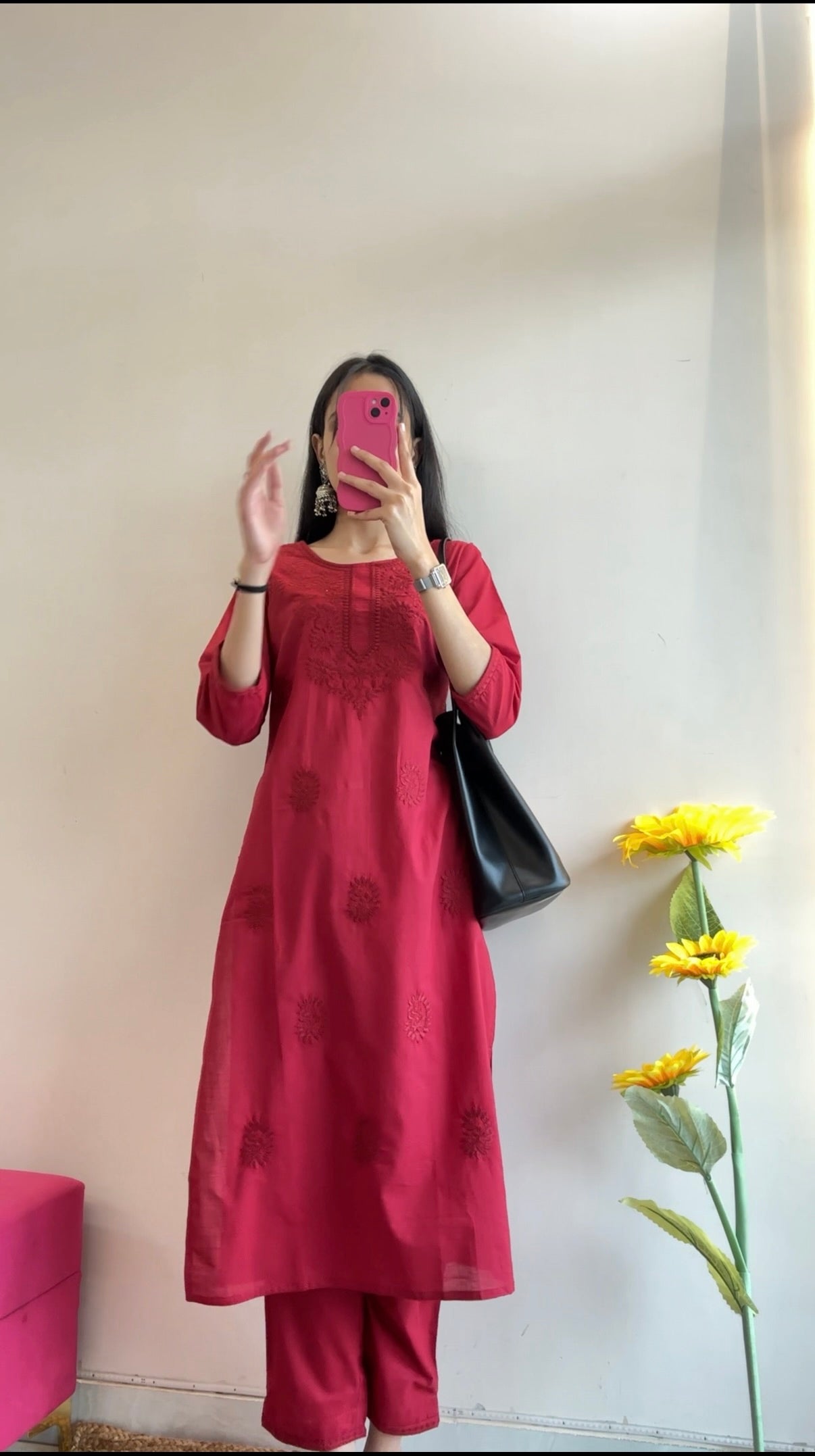 Wine Red Chikankari Embroidered Kurta Set