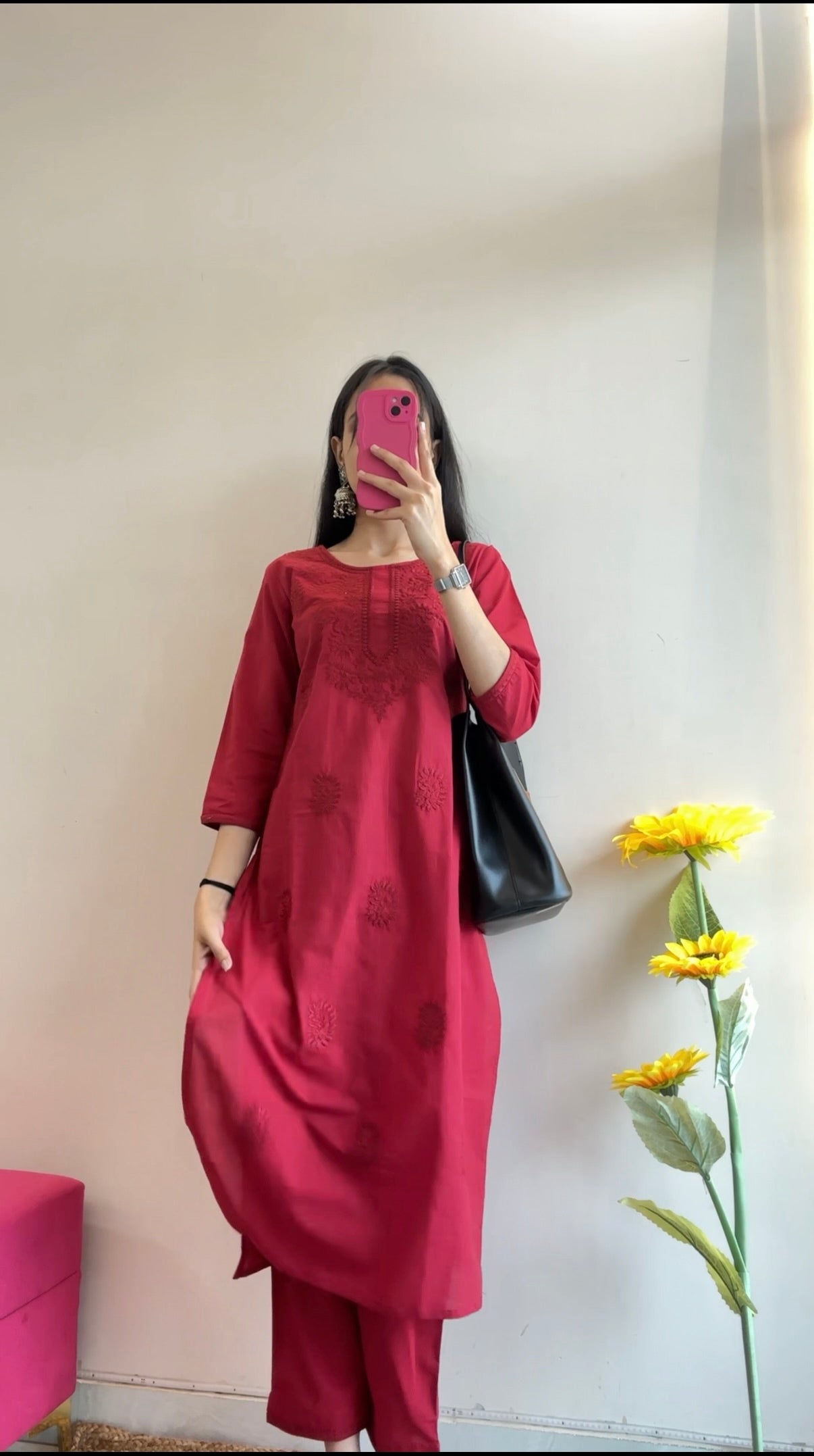 Wine Red Chikankari Embroidered Kurta Set