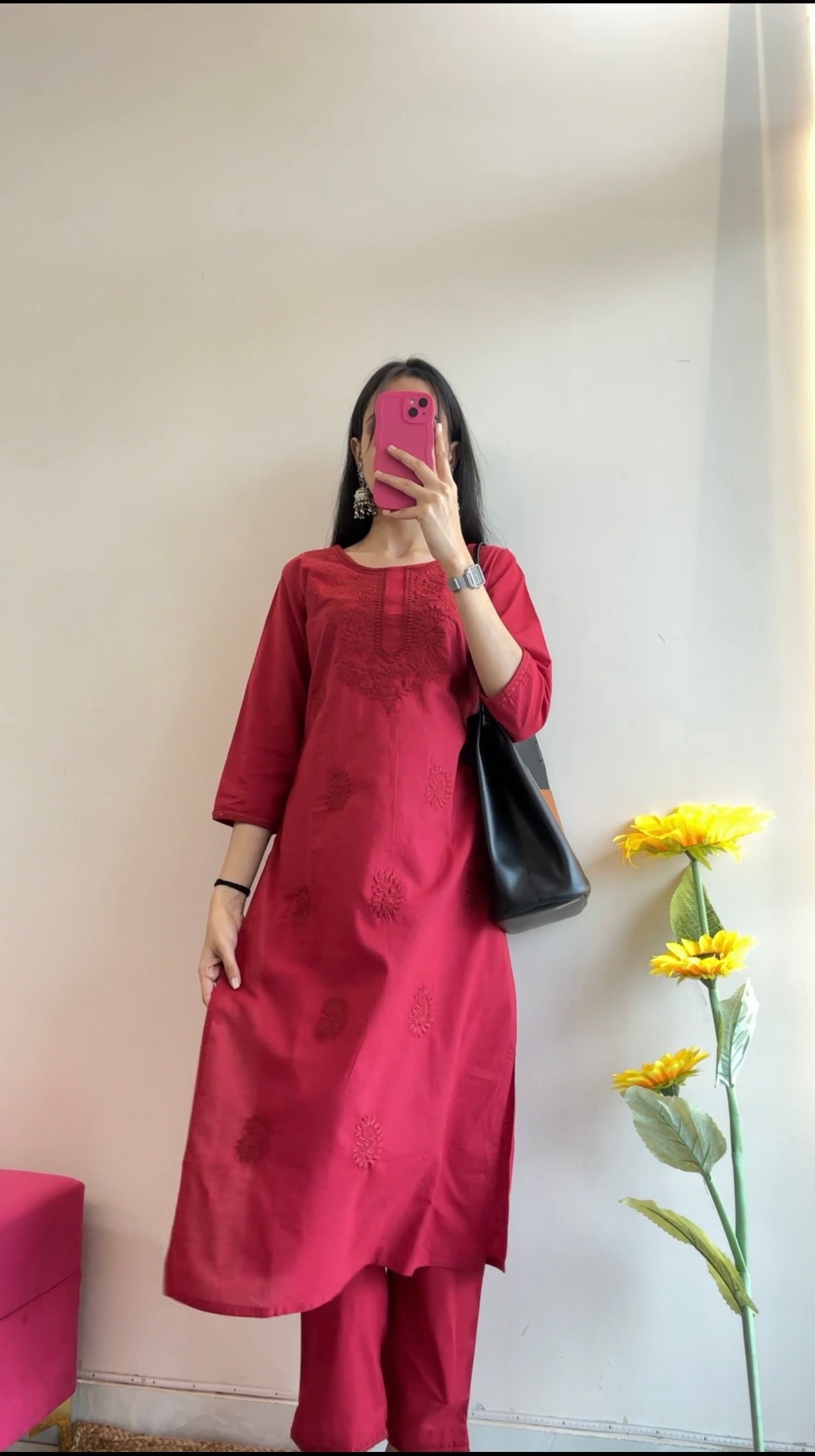 Wine Red Chikankari Embroidered Kurta Set