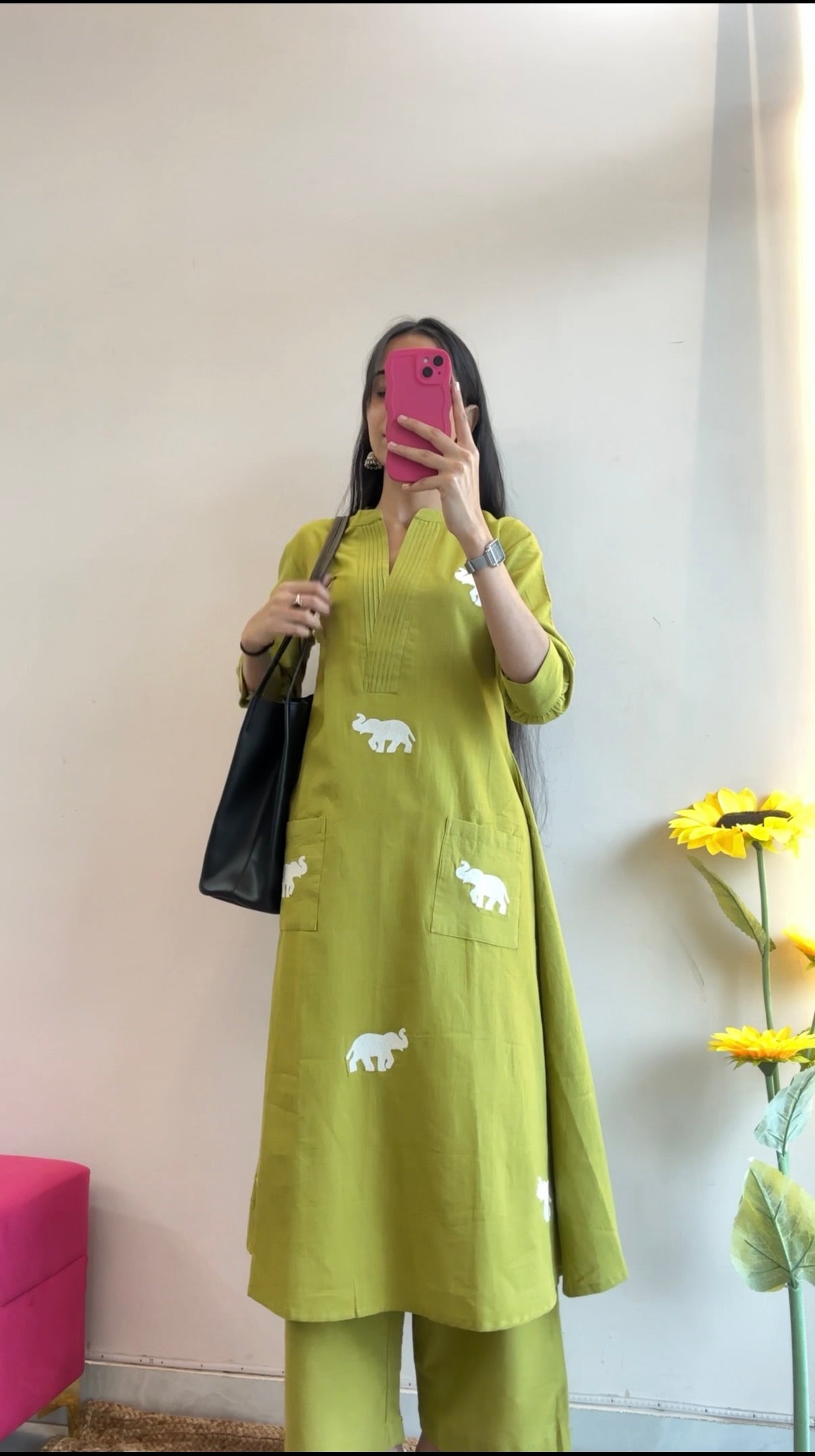 Olive Green Elephant Embroidered Kurta Set