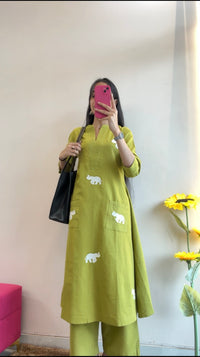 Olive Green Elephant Embroidered Kurta Set