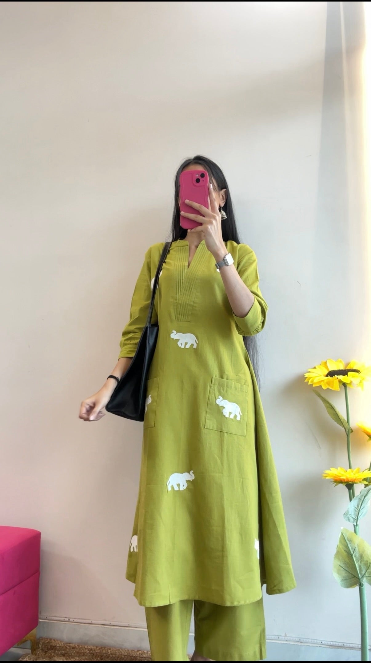 Olive Green Elephant Embroidered Kurta Set