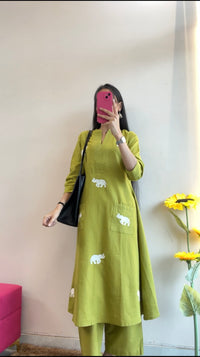 Olive Green Elephant Embroidered Kurta Set