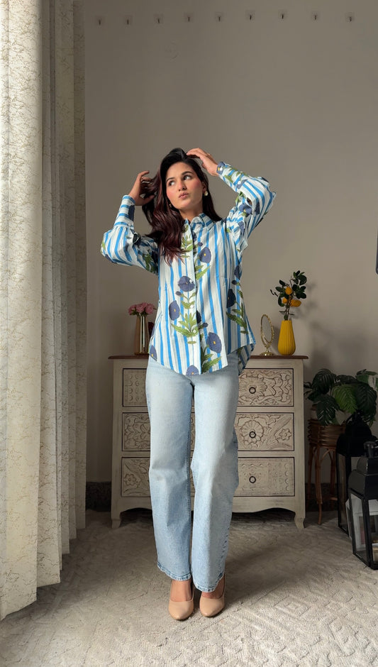 Blue Sky Flower Print Cotton Shirt