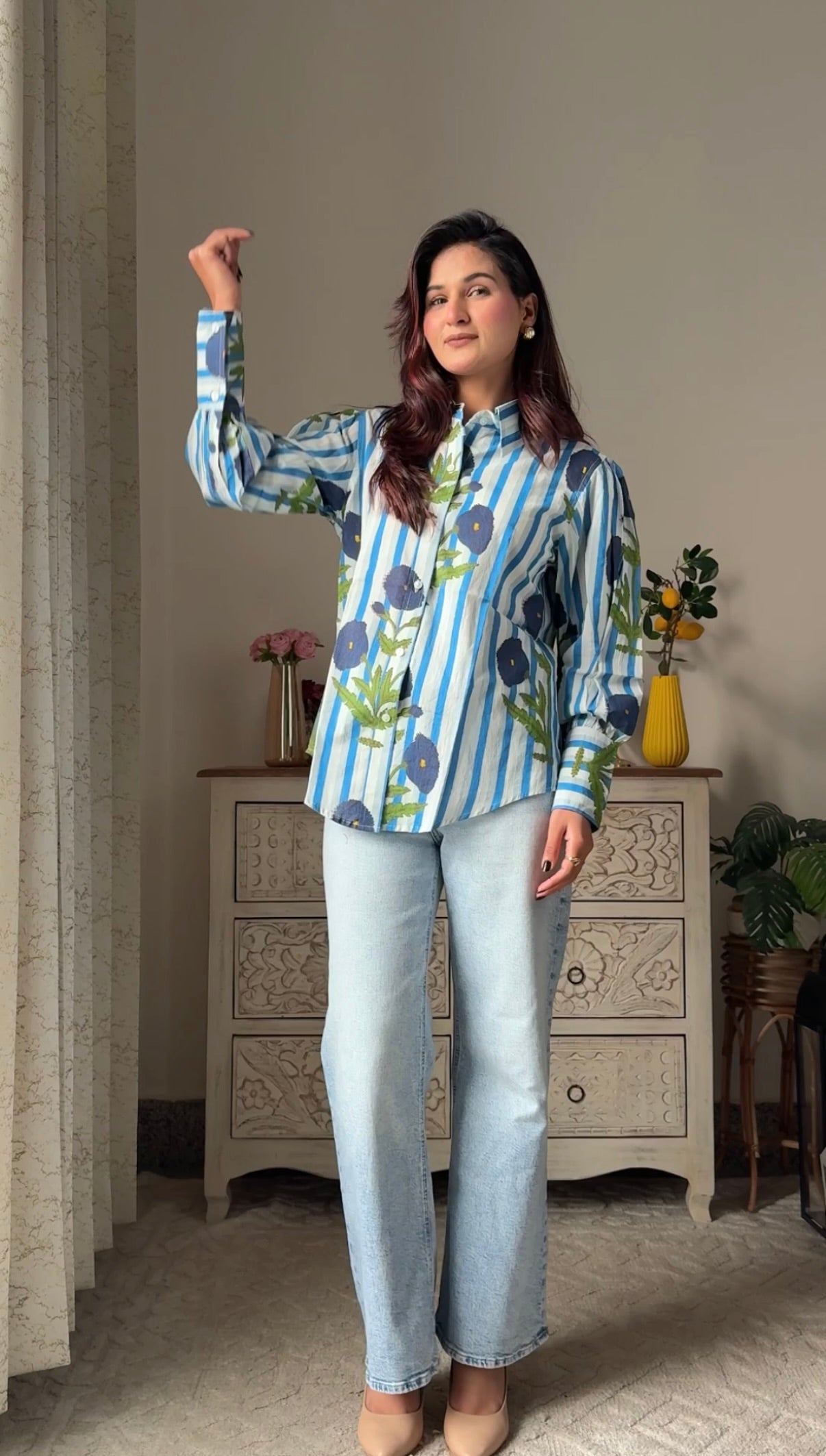 Blue Sky Flower Print Cotton Shirt