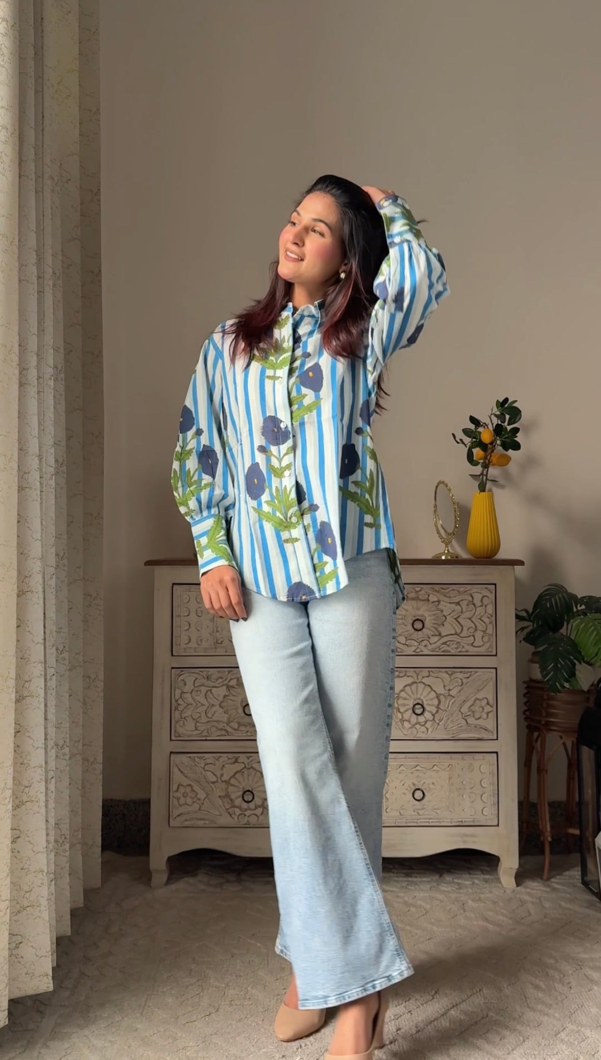 Blue Sky Flower Print Cotton Shirt