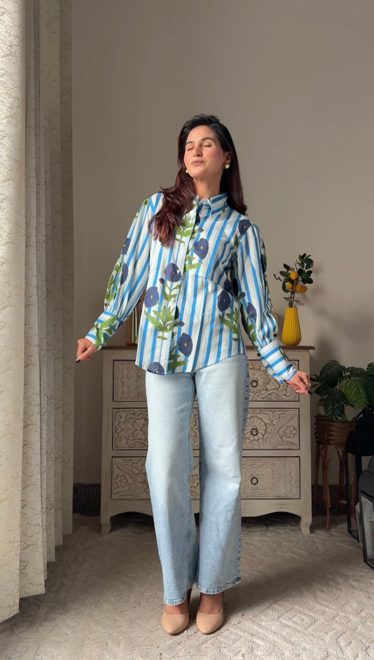 Blue Sky Flower Print Cotton Shirt
