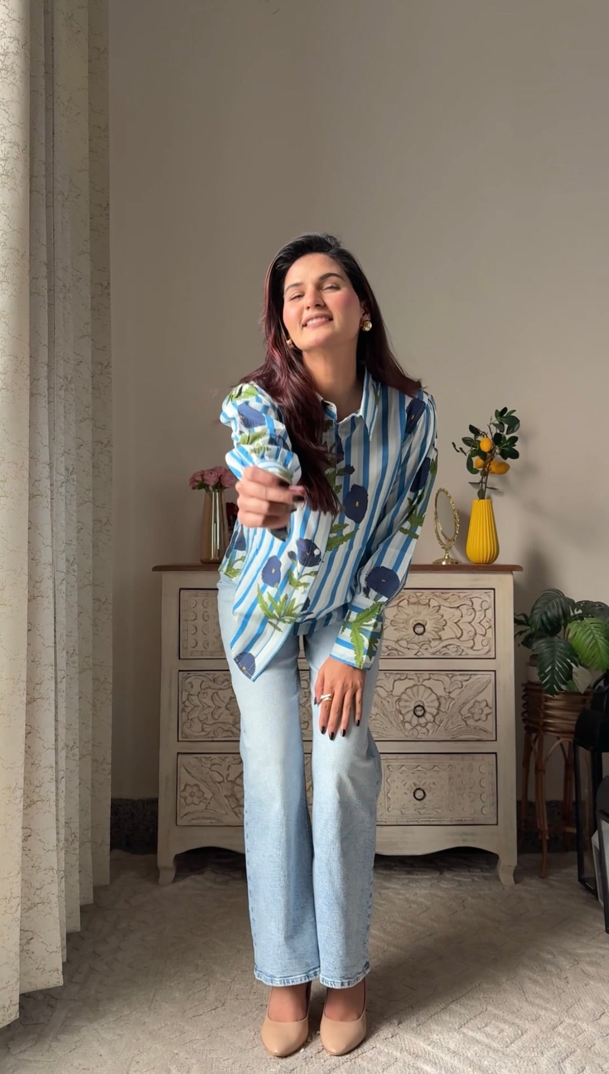 Blue Sky Flower Print Cotton Shirt