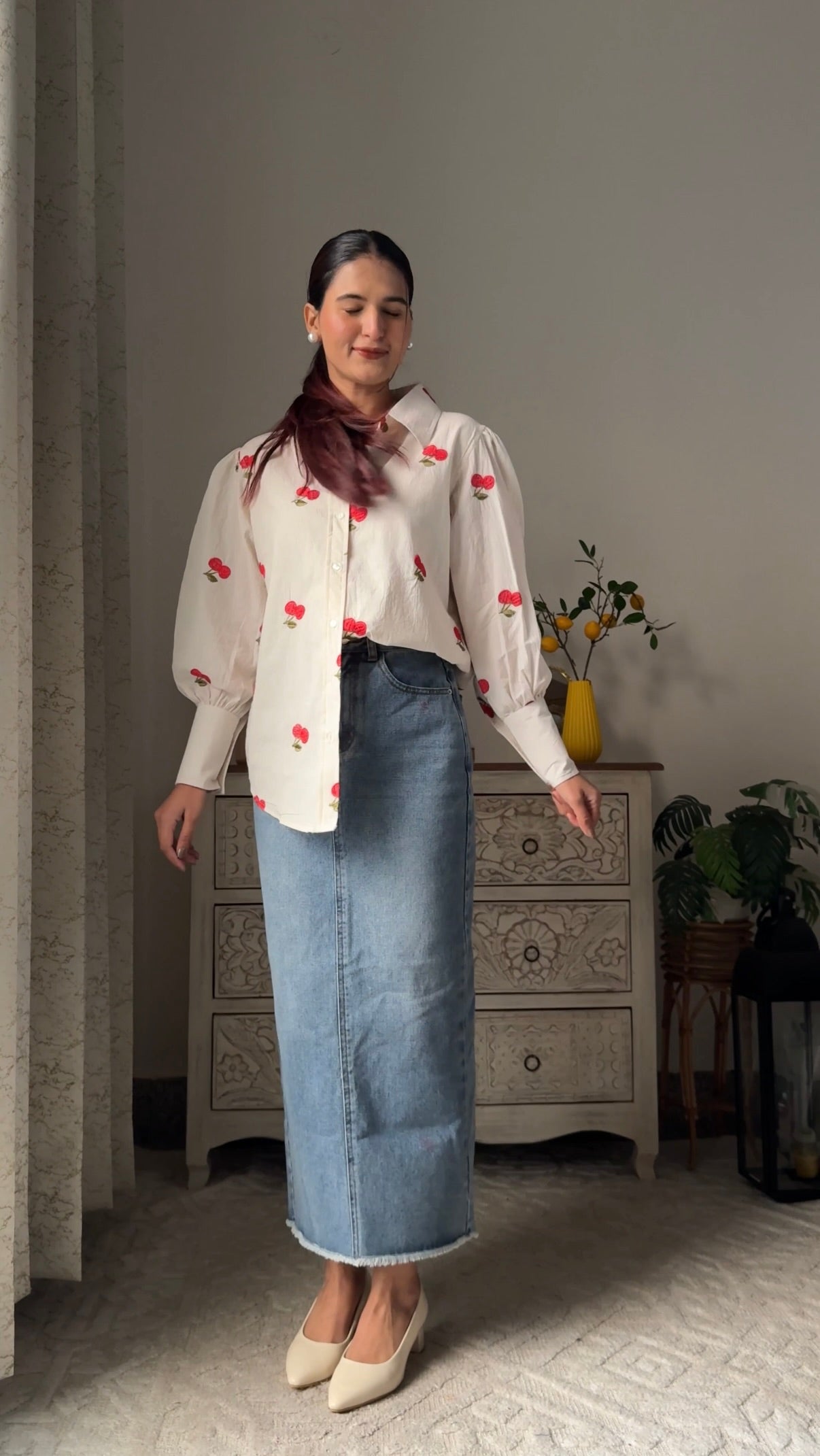 Phoolwari Cherry Embroidery Shirt