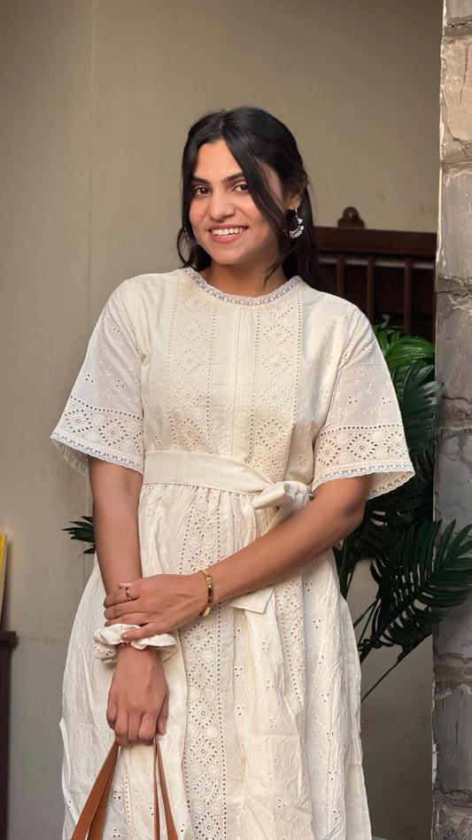White Schiffli Cotton Dress with Belt