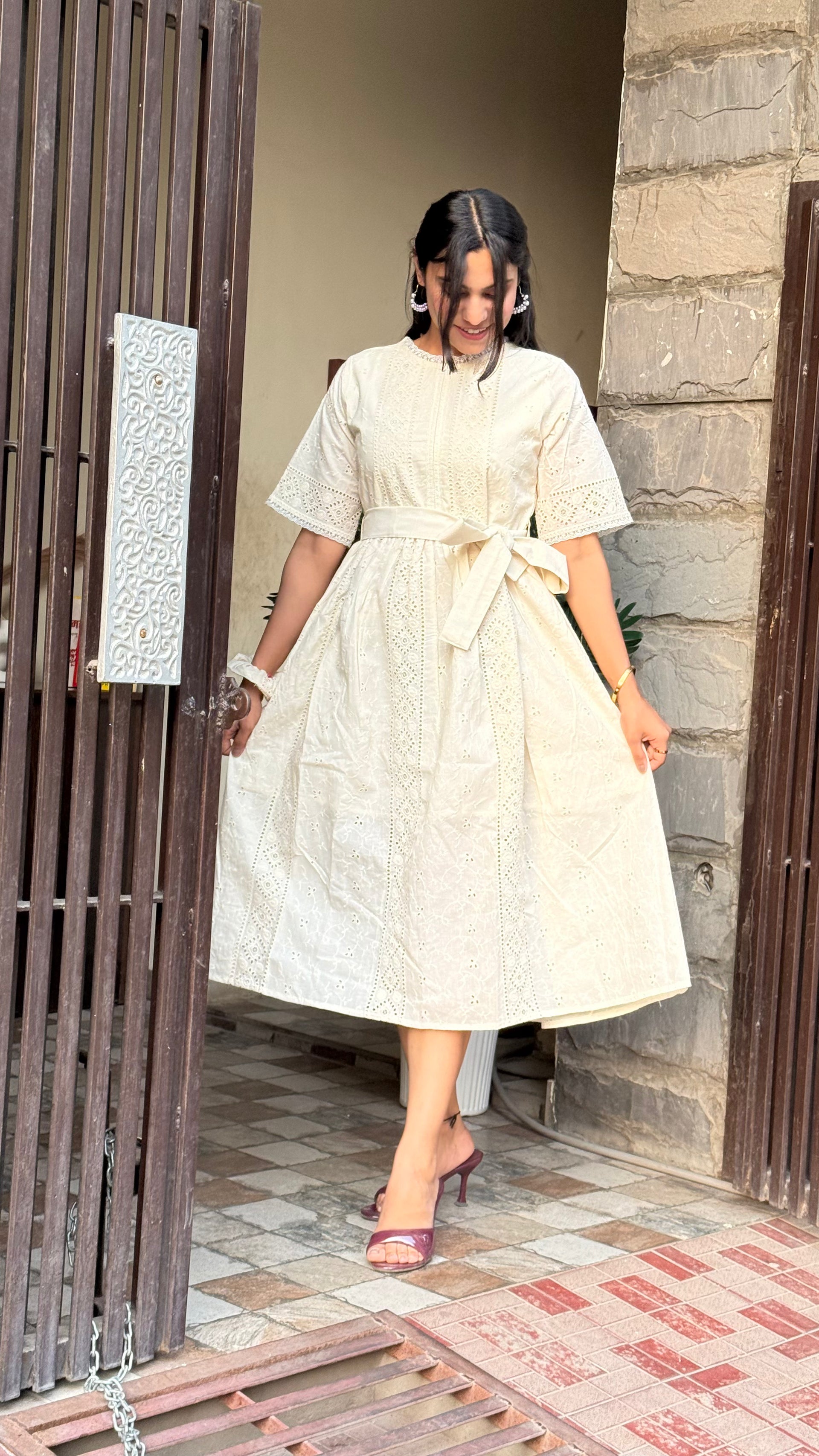 White Schiffli Cotton Dress with Belt