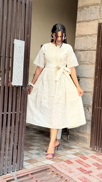 White Schiffli Cotton Dress with Belt