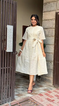 White Schiffli Cotton Dress with Belt