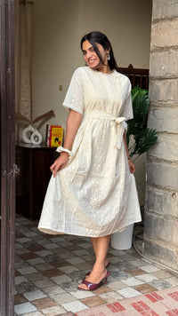 White Schiffli Cotton Dress with Belt