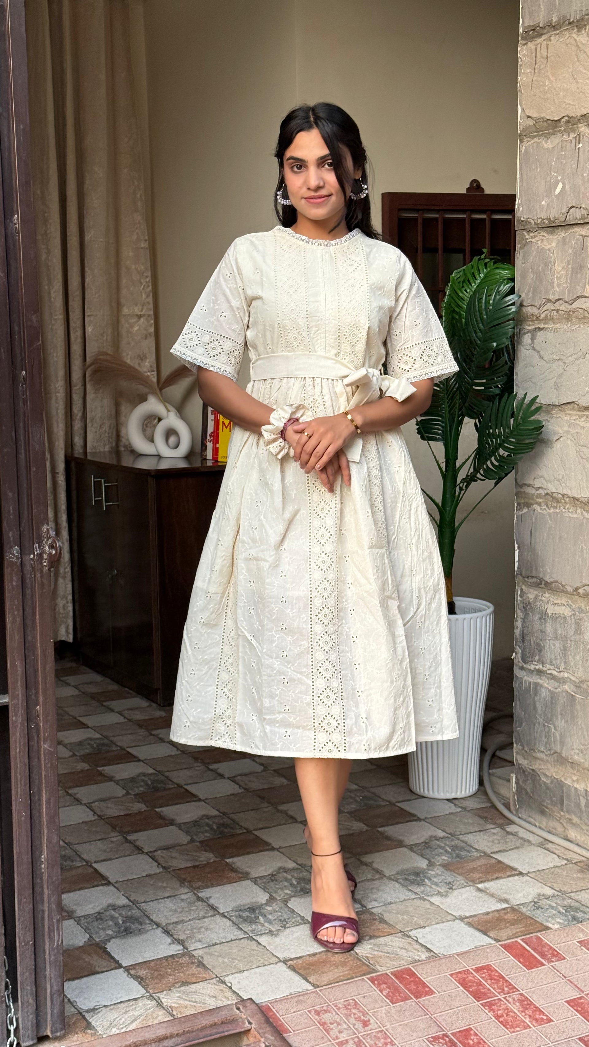 White Schiffli Cotton Dress with Belt