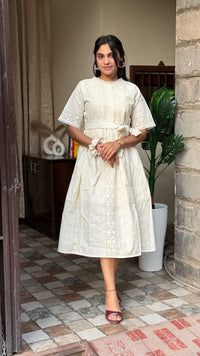 White Schiffli Cotton Dress with Belt