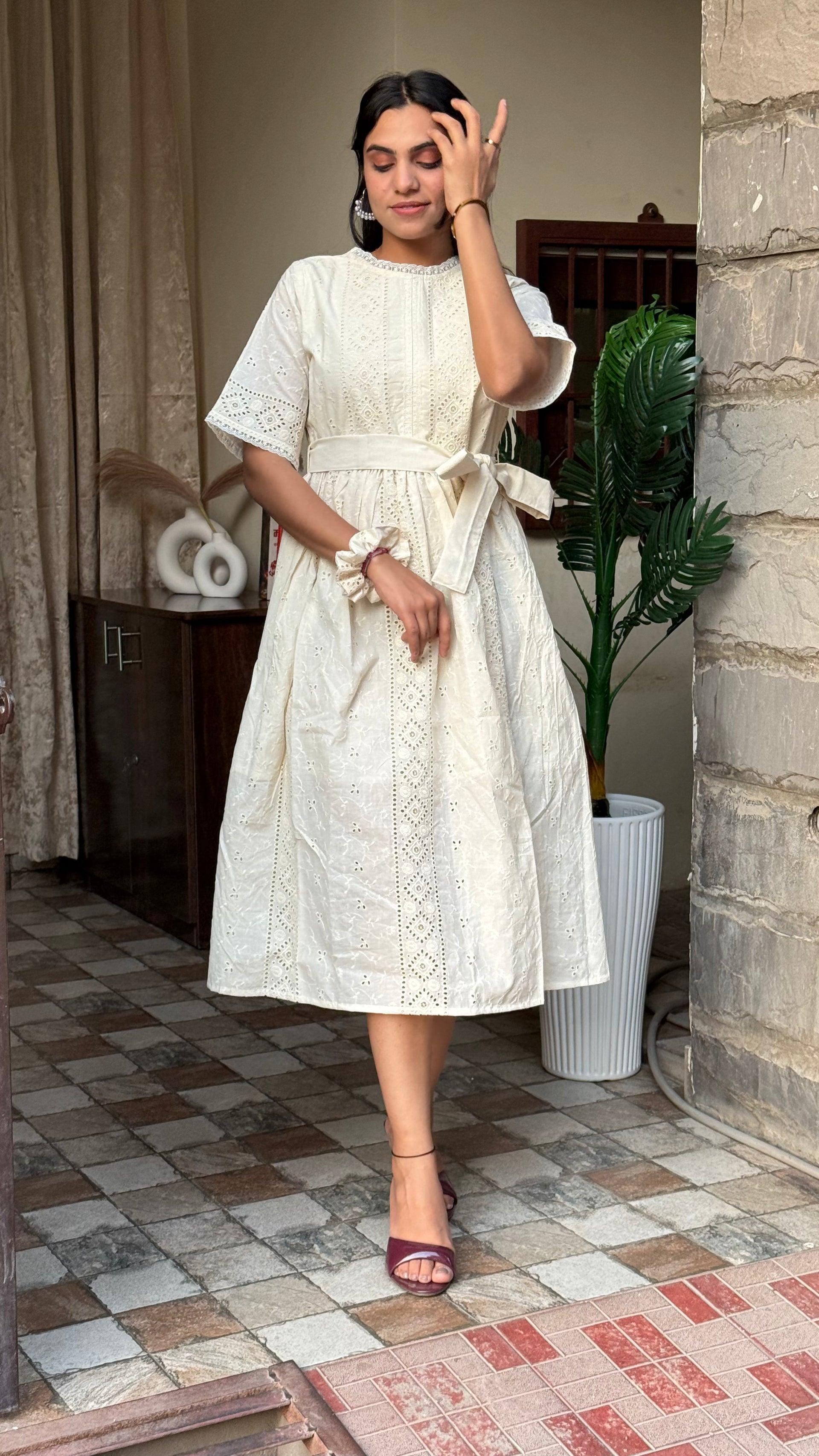 White Schiffli Cotton Dress with Belt Shaayra White Schiffli Cotton Dress with Belt Shaayra