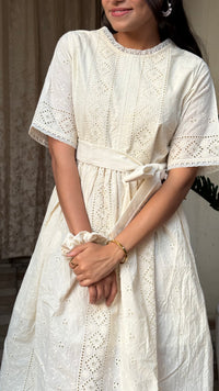 White Schiffli Cotton Dress with Belt