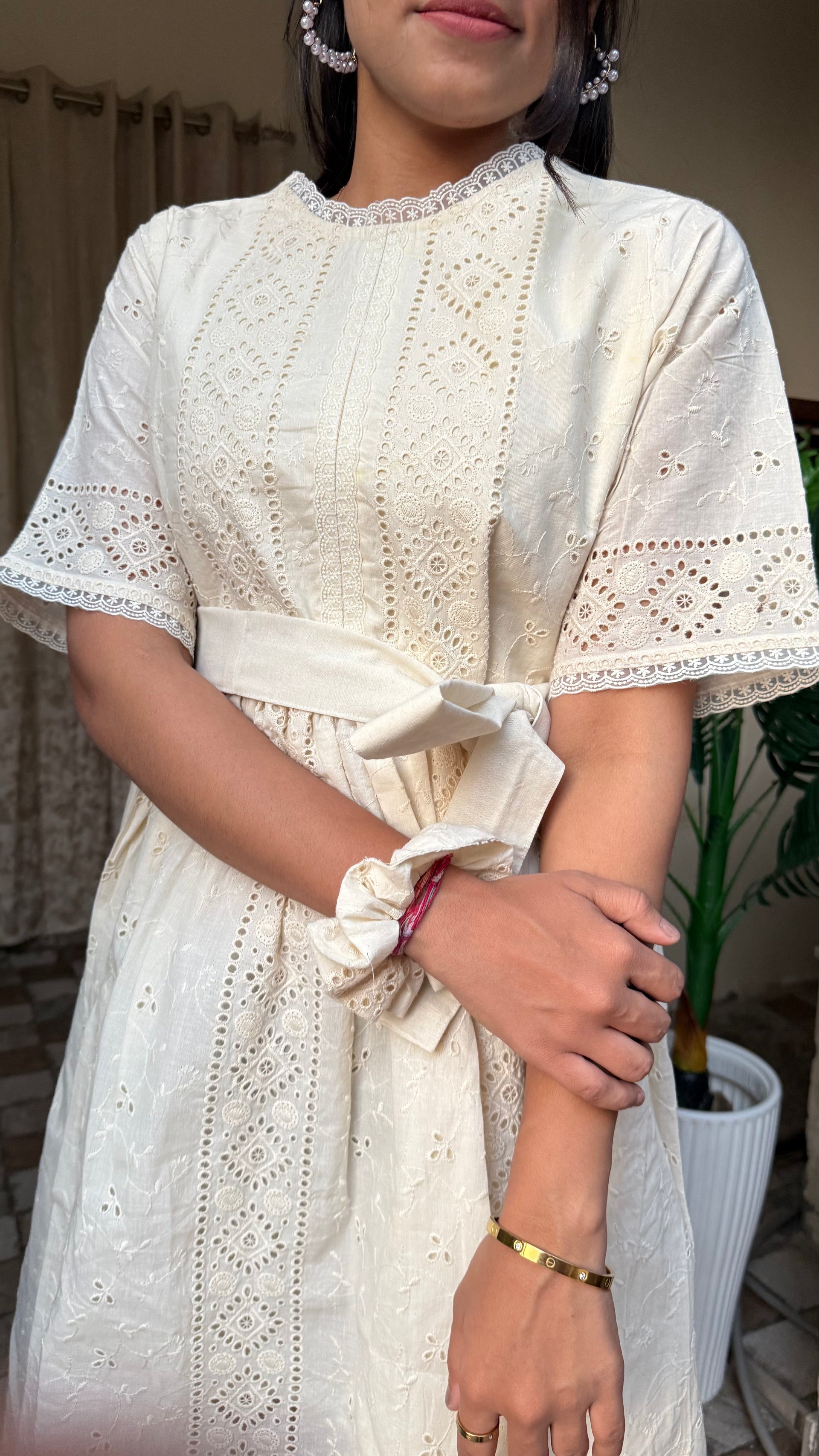 White Schiffli Cotton Dress with Belt