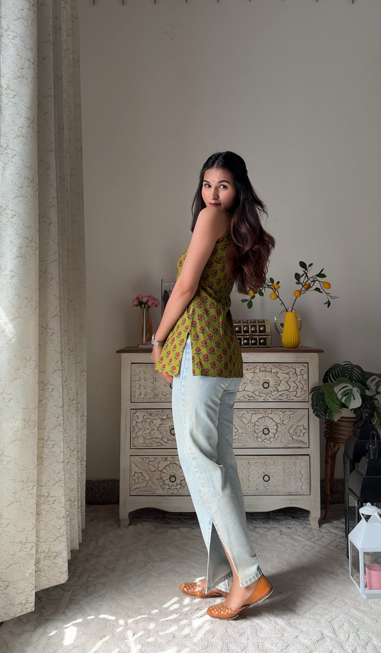 Anvi Olive Green Top with Back Belt