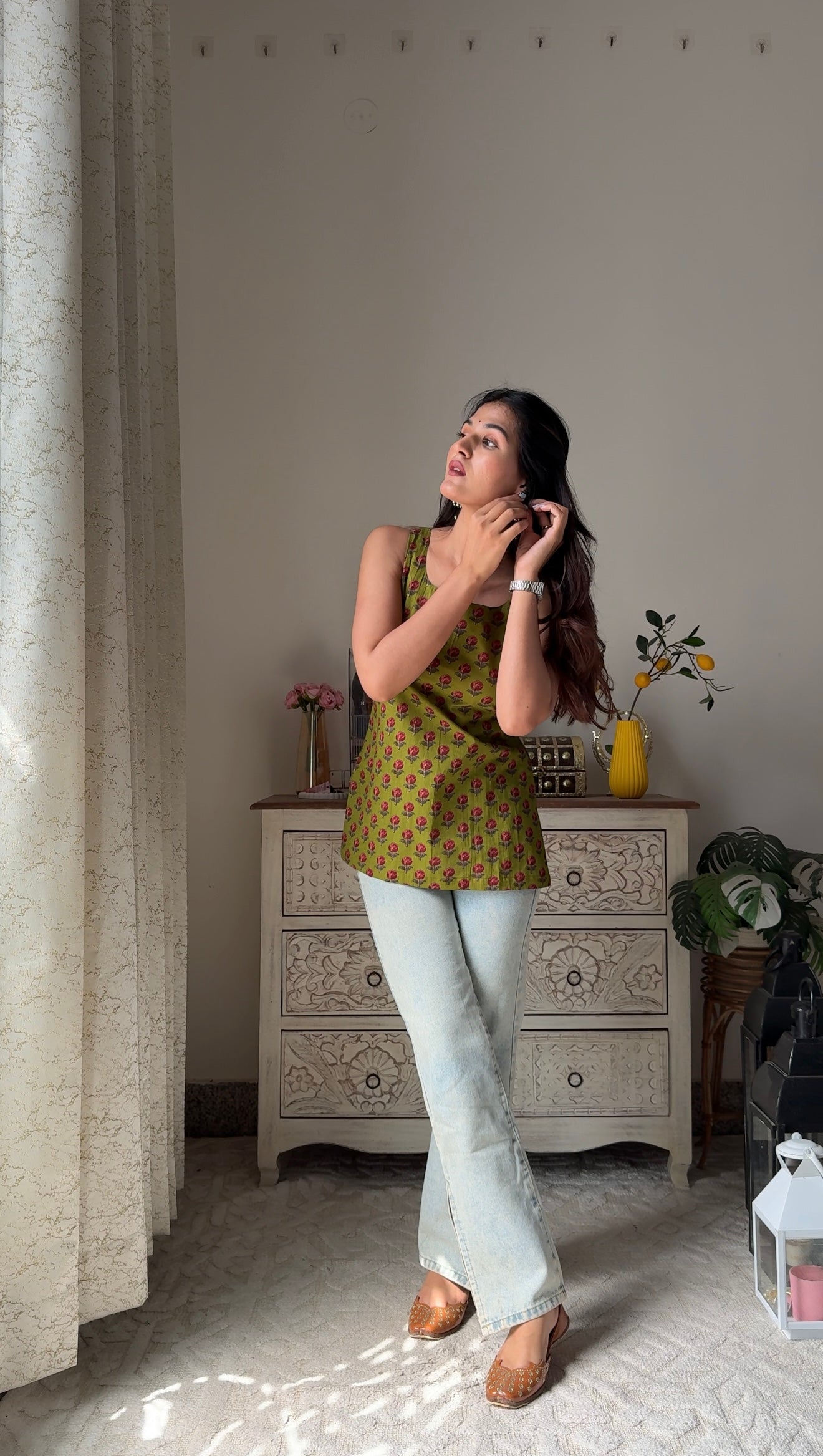 Anvi Olive Green Top with Back Belt