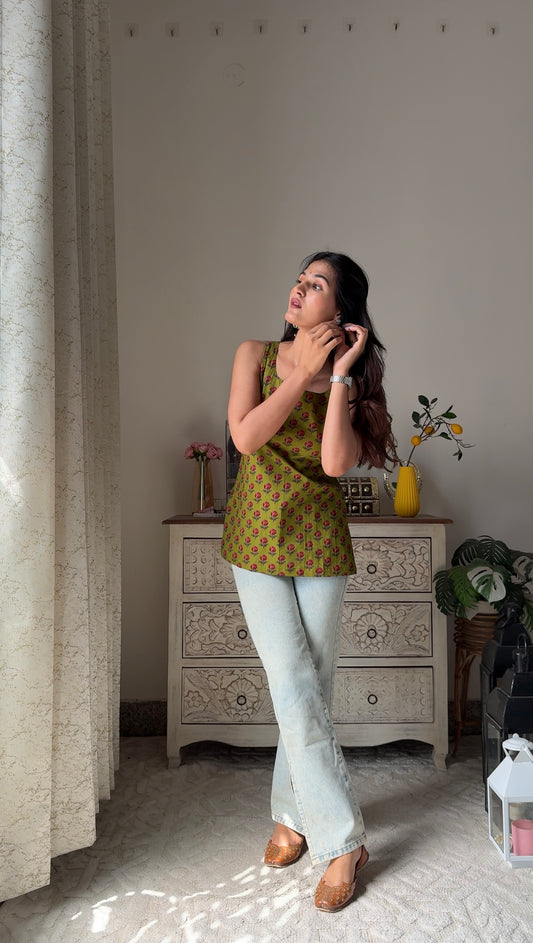 Anvi Olive Green Top with Back Belt