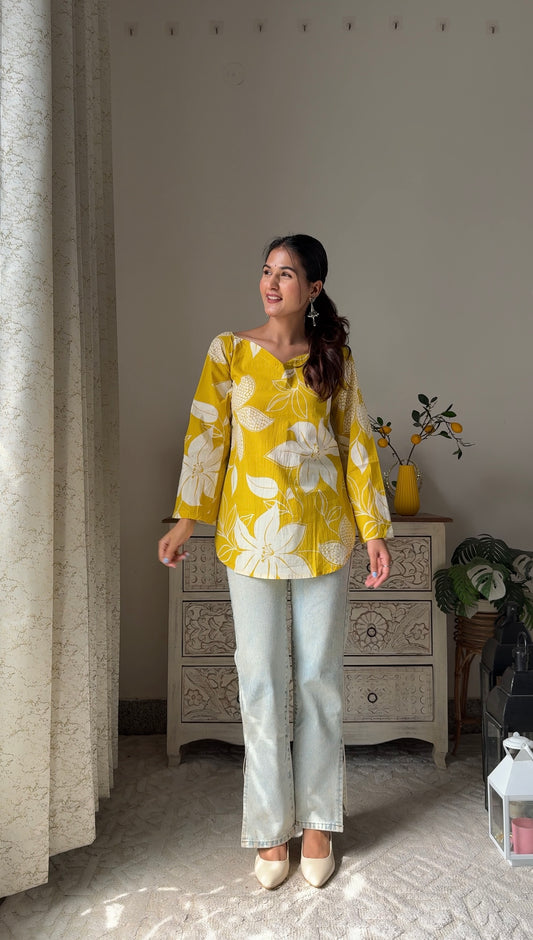 Arna Yellow Pure Cotton Short Kurta Top