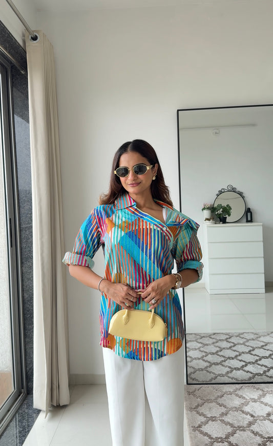Blue  Stripes One Shoulder - Side Buttons Shirt