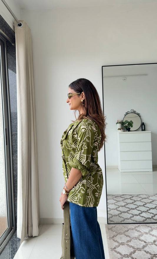 Green Printed Power Shirt-Pure Cotton