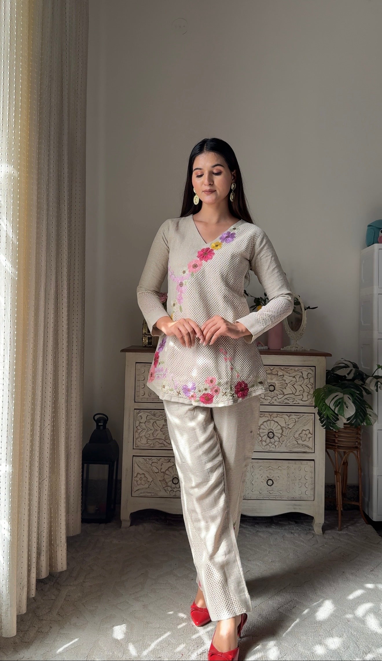 Cotton Floral Brown Coord set with Jute Shrug