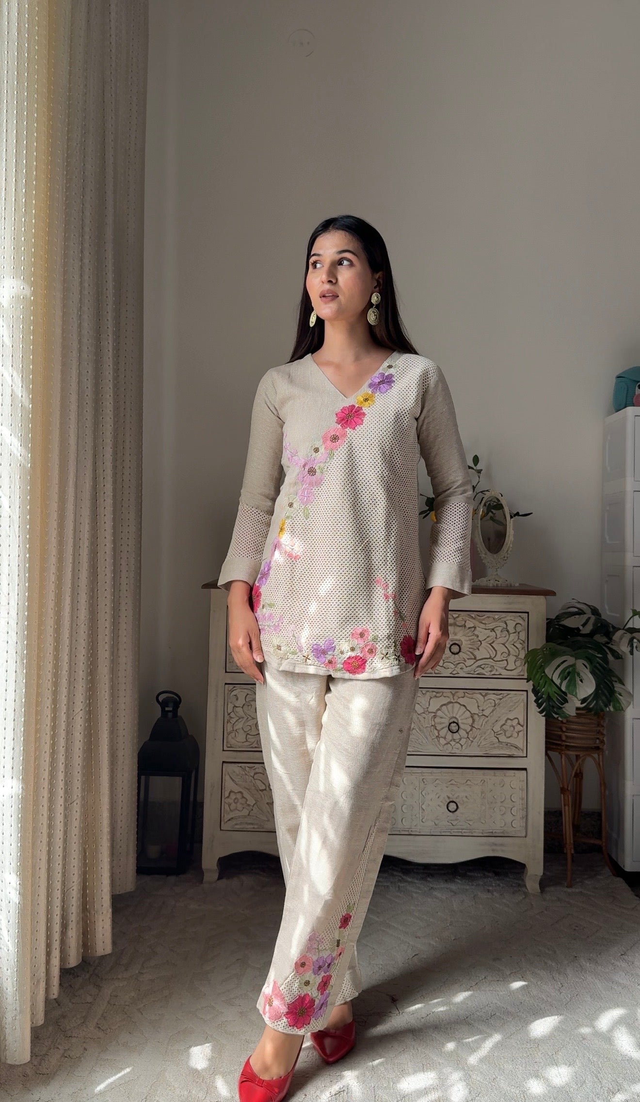 Cotton Floral Brown Coord set with Jute Shrug
