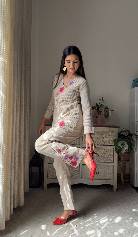 Cotton Floral Brown Coord set with Jute Shrug