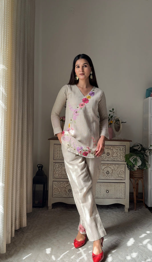 Cotton Floral Brown Coord set with Jute Shrug