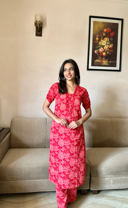 Red Floral Coord Set -Pure Cotton