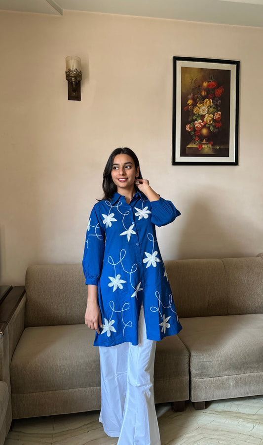 Blue Co-ord Set with White Embroidery and Flared Pants