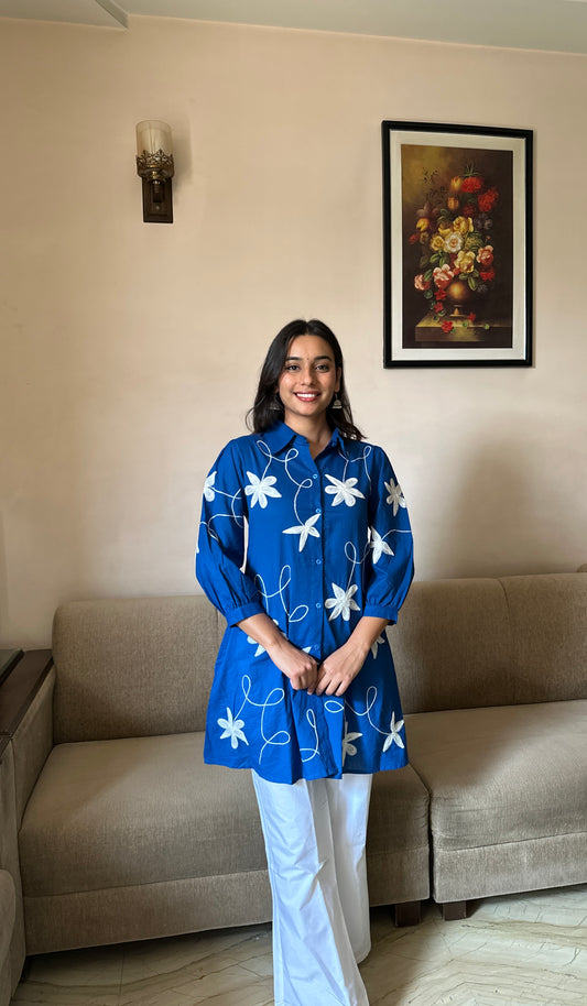 Blue Co-ord Set with White Embroidery and Flared Pants