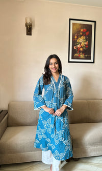V Neck A-Line Blue & White Ethnic Coord Set- With Lace Detailing