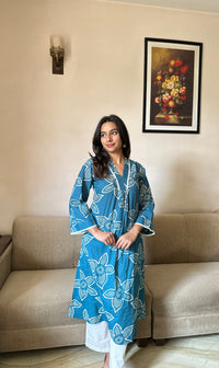 V Neck A-Line Blue & White Ethnic Coord Set- With Lace Detailing