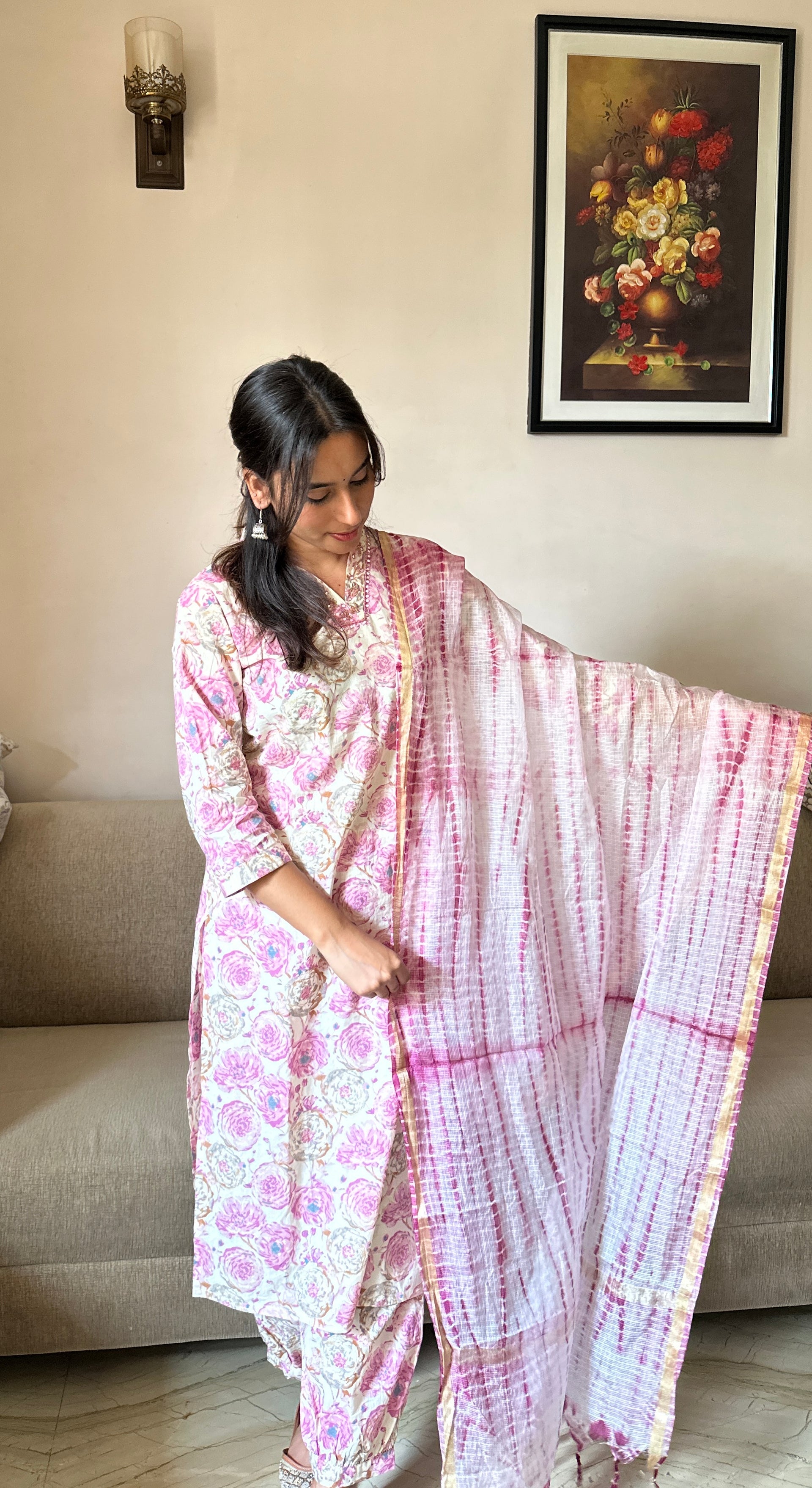 Mishka (मिष्का) - Pink & white Straight Suit Set with lace - Pure Cotton