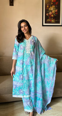 Rashmi (रश्मि)  - Blue Floral Straight Suit Set - Pure Cotton
