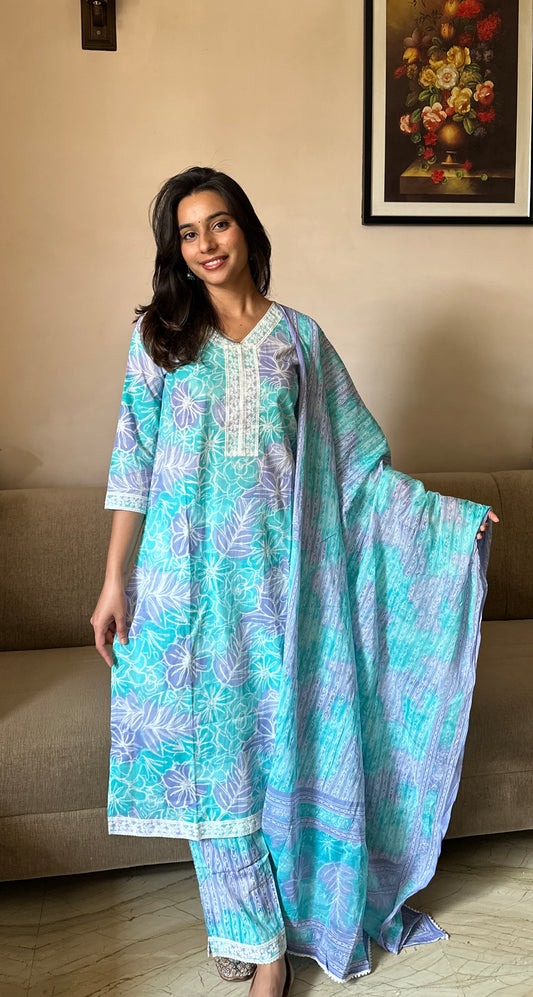 Rashmi (रश्मि)  - Blue Floral Straight Suit Set - Pure Cotton
