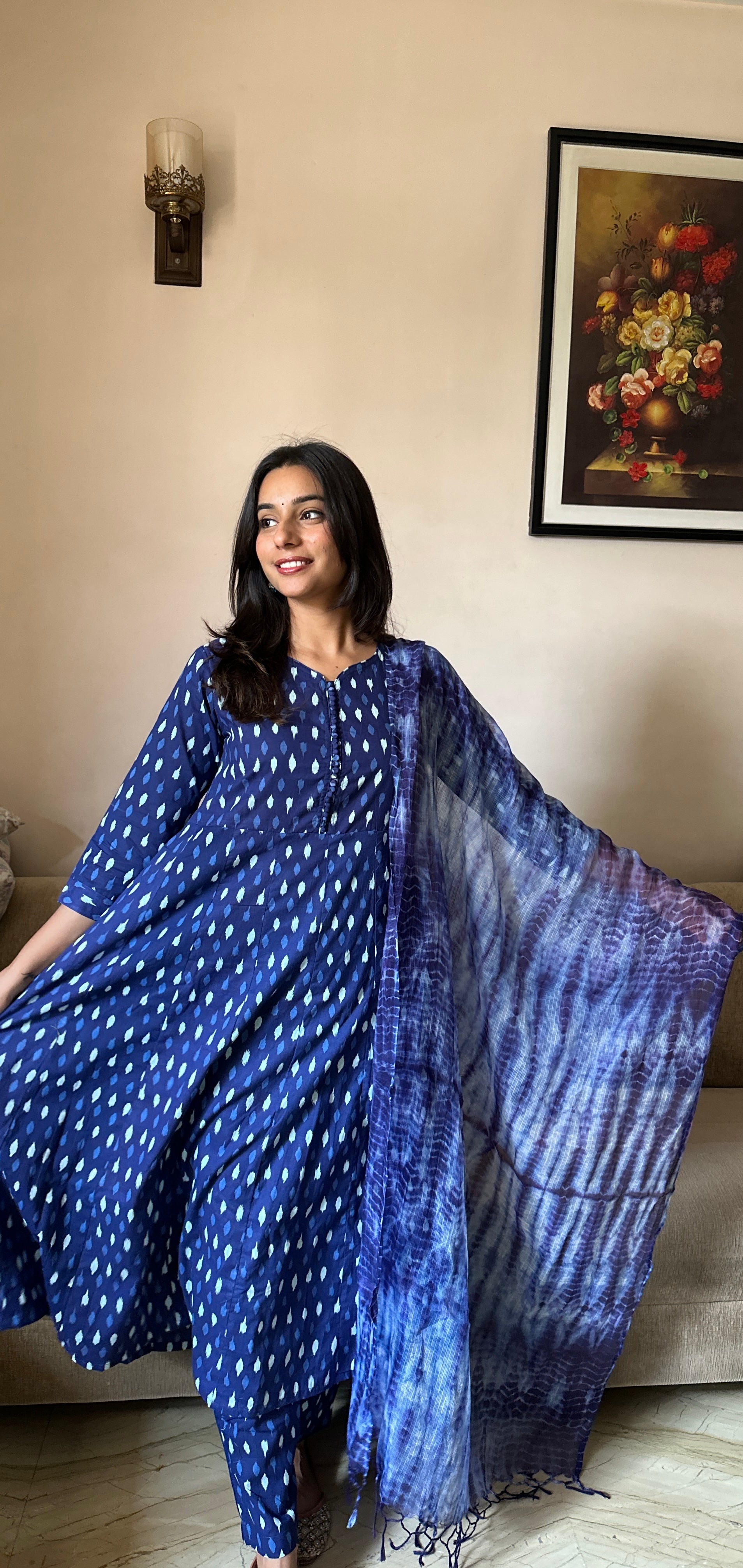Taru (तरु) - Navy Blue Anarkali Suit Set- Pure Cotton