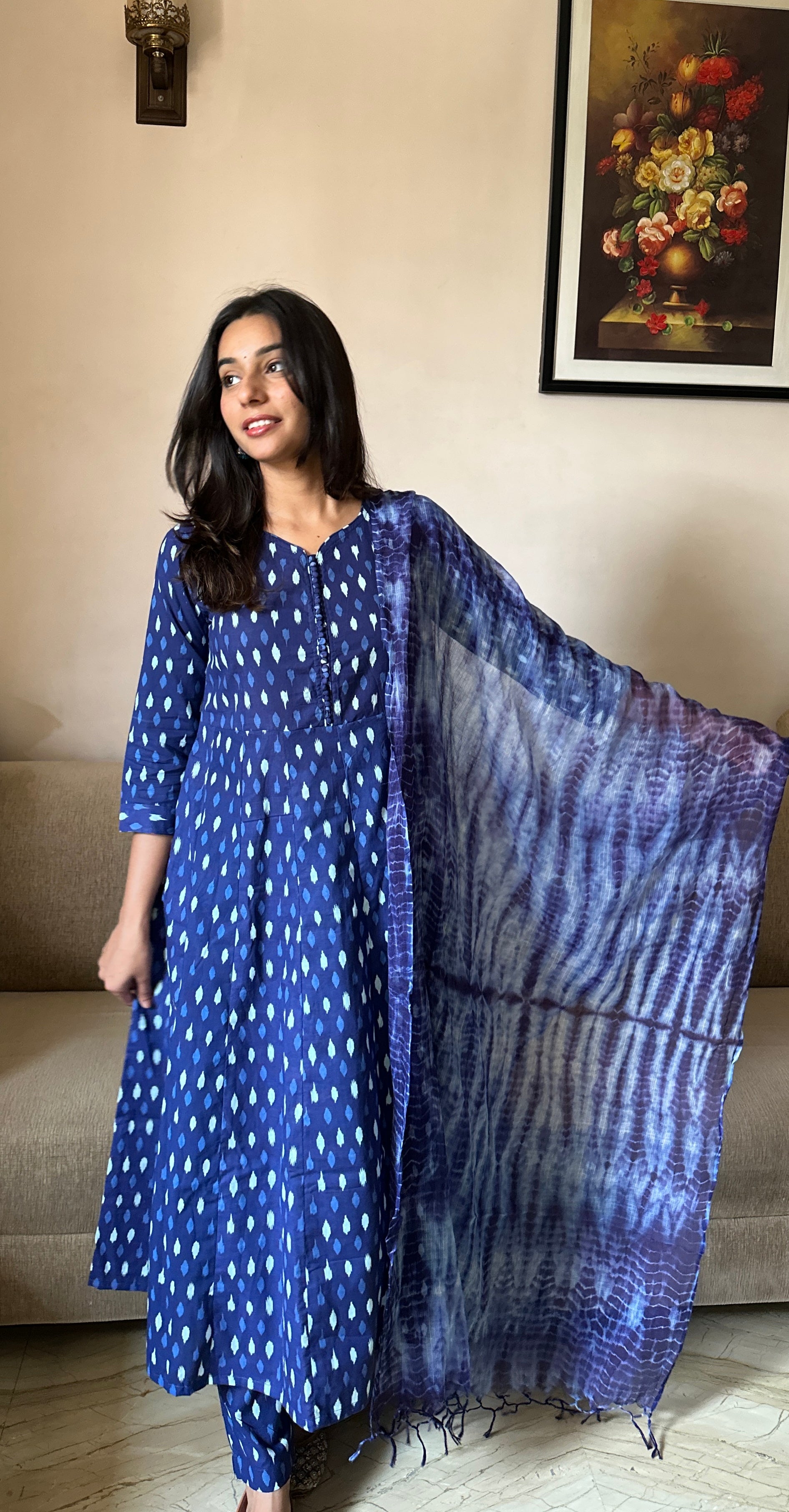 Taru (तरु) - Navy Blue Anarkali Suit Set- Pure Cotton