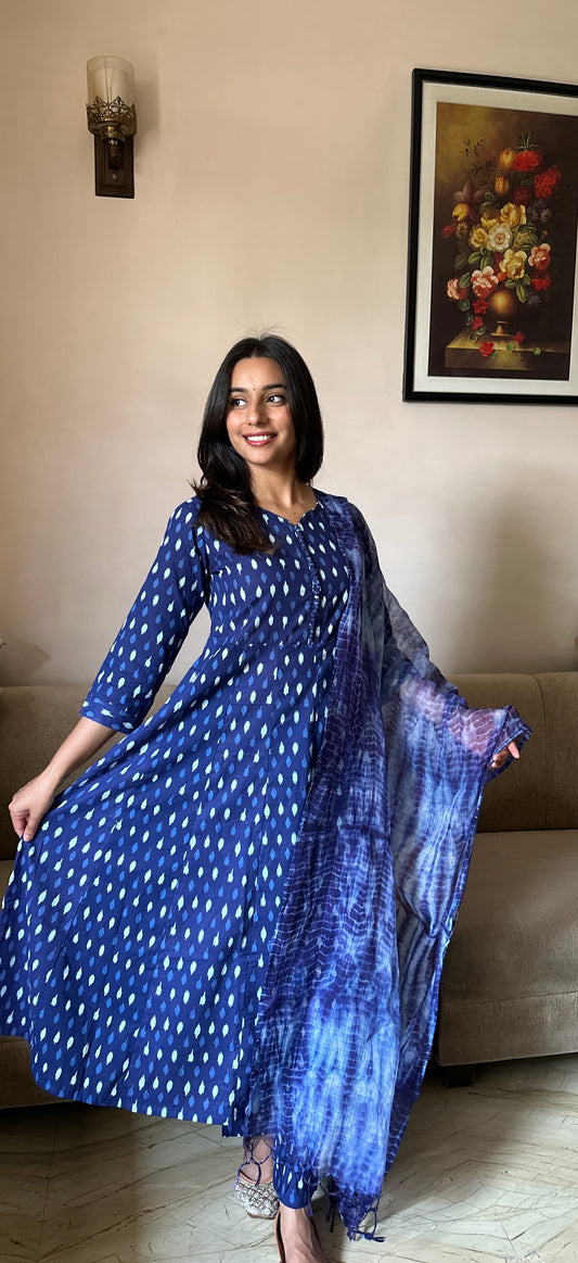 Taru (तरु) - Navy Blue Anarkali Suit Set- Pure Cotton