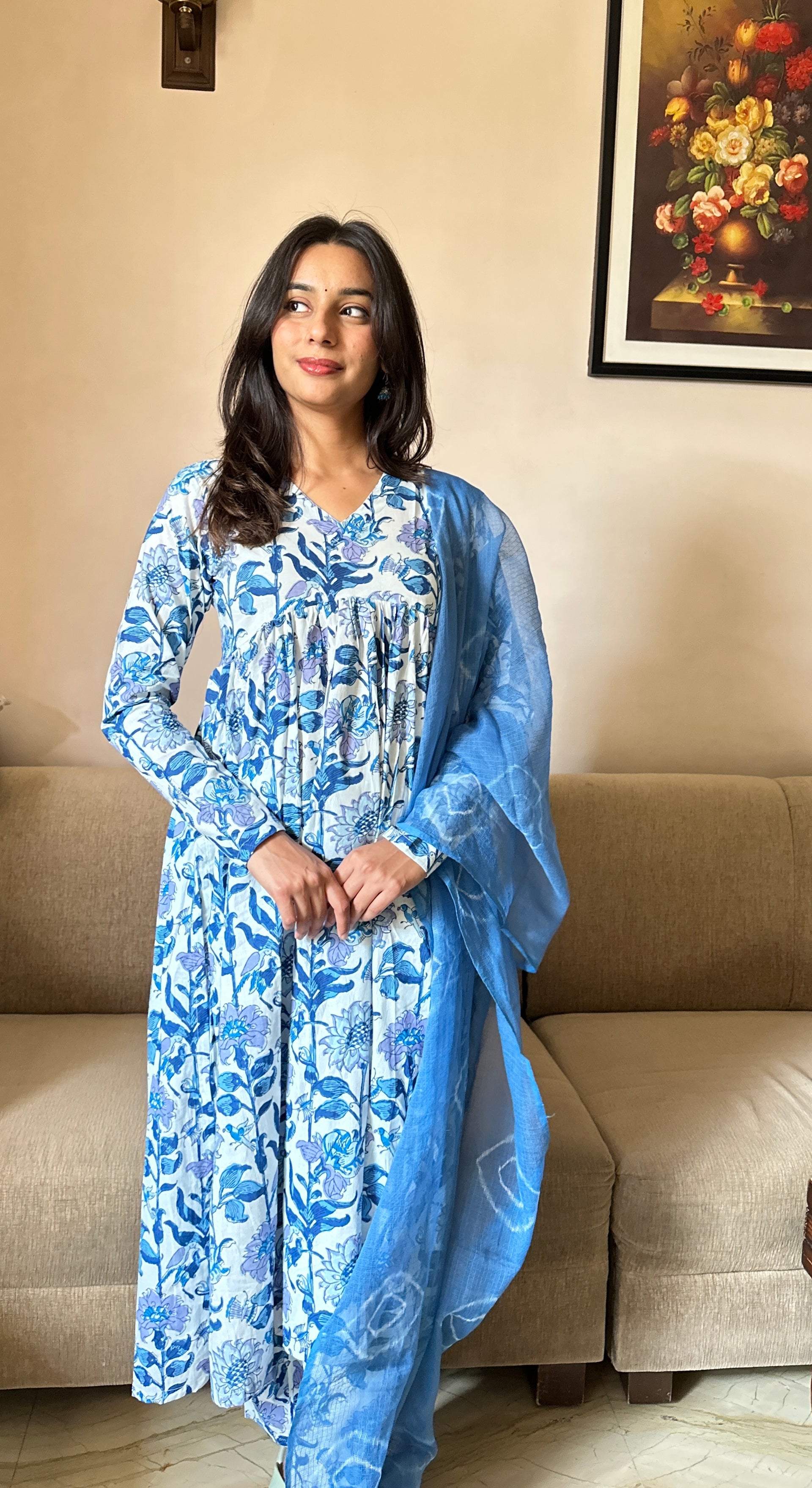 Kumud (कुमुद) Anarkali Blue & White Suit Set - Pure Cotton