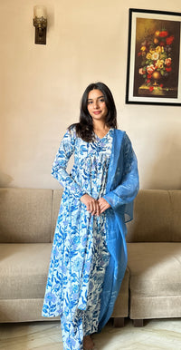 Kumud (कुमुद) Anarkali Blue & White Suit Set - Pure Cotton