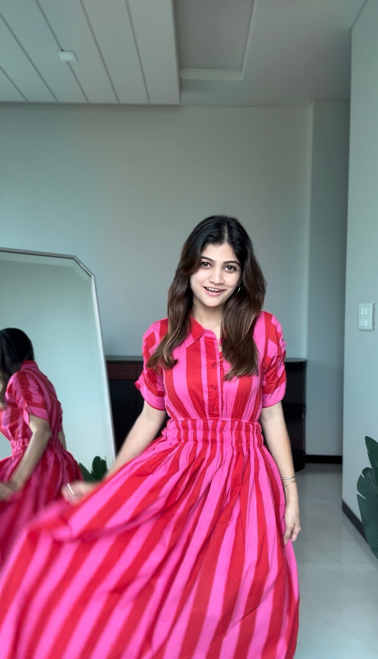 Pink & Red Vertical Stripe Shirt Dress