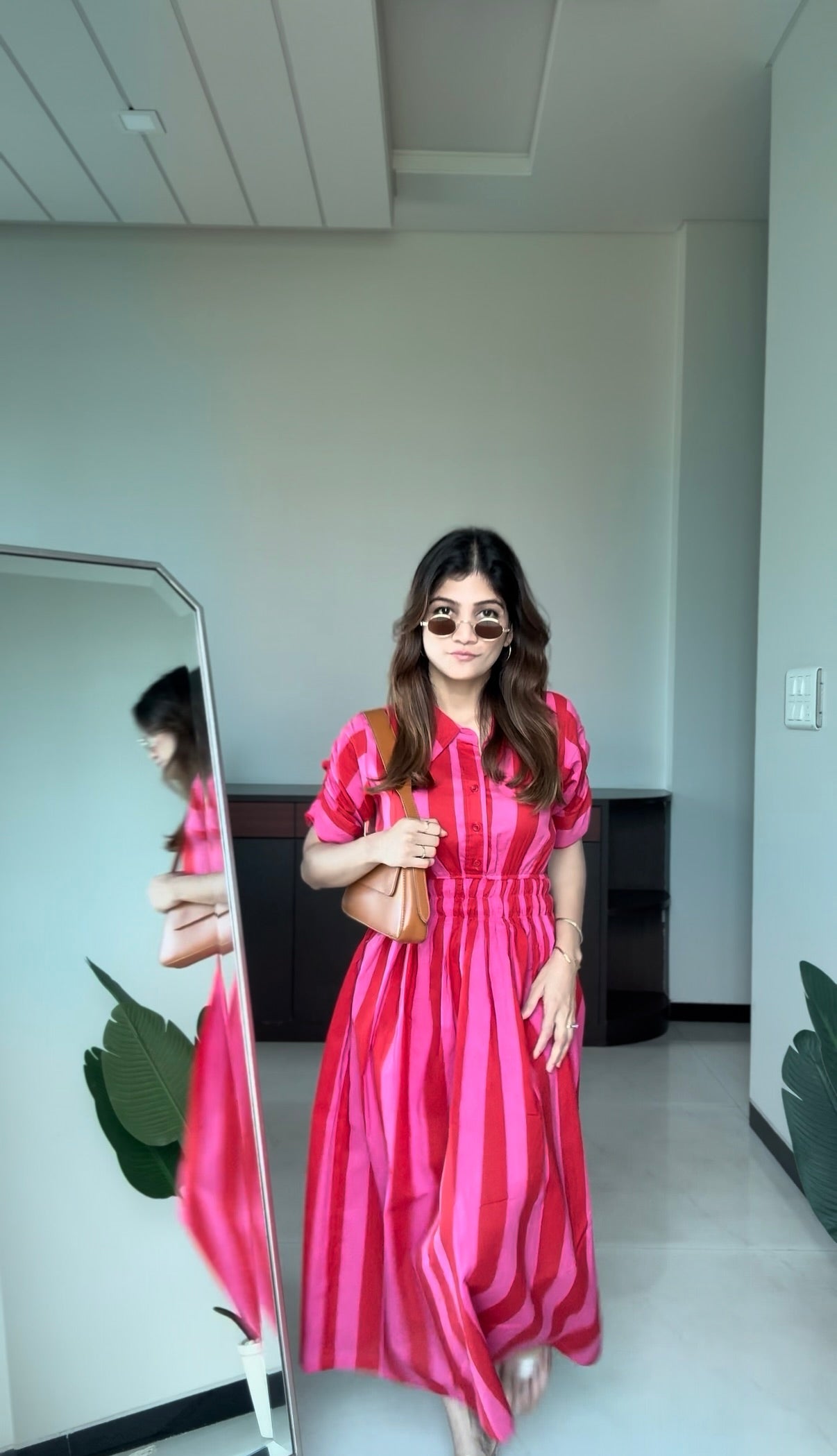 Pink & Red Vertical Stripe Shirt Dress Shaayra Pink & Red Vertical Stripe Shirt Dress Shaayra