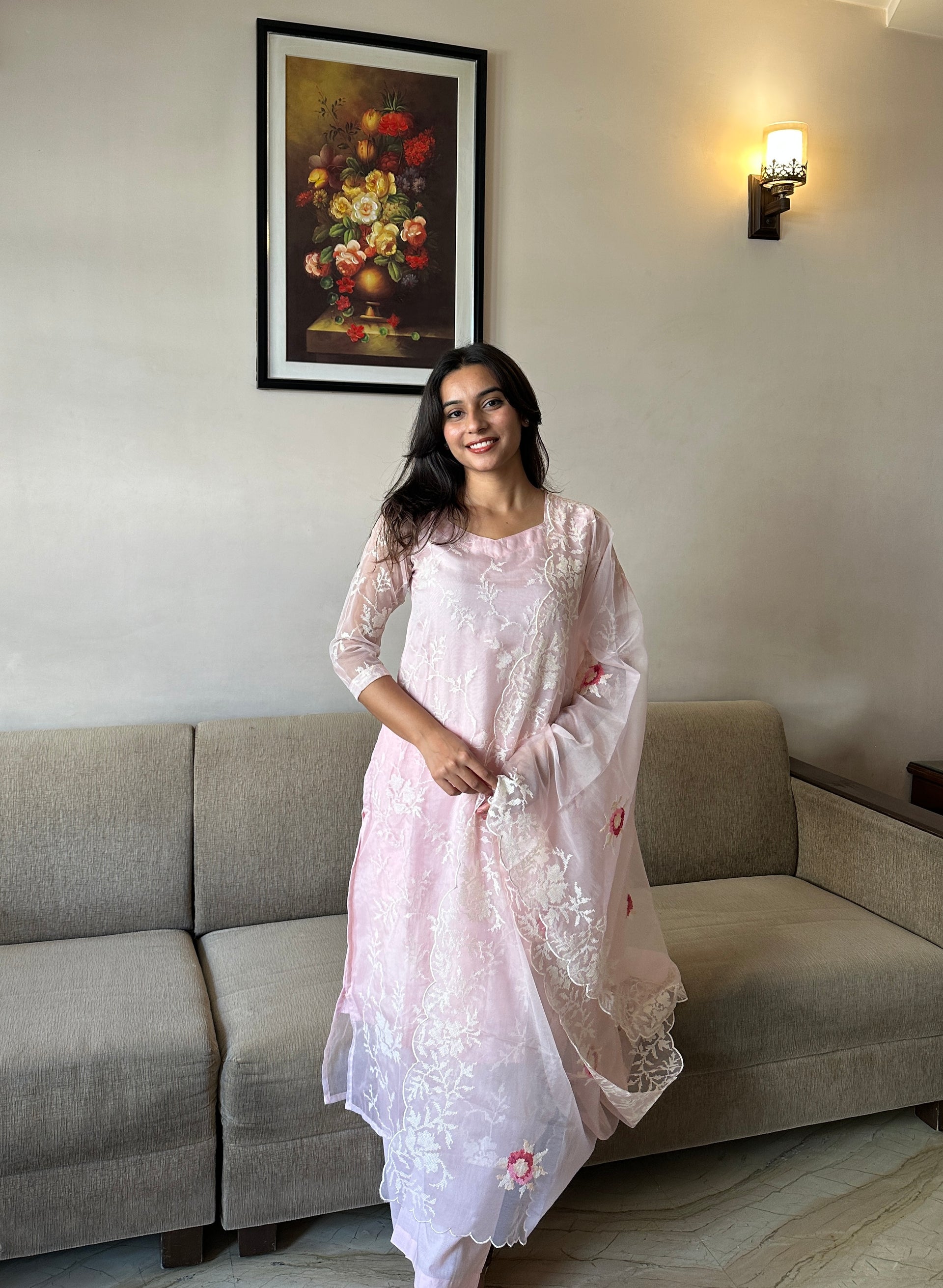 Floral Embroidery  Organza Dupatta Set