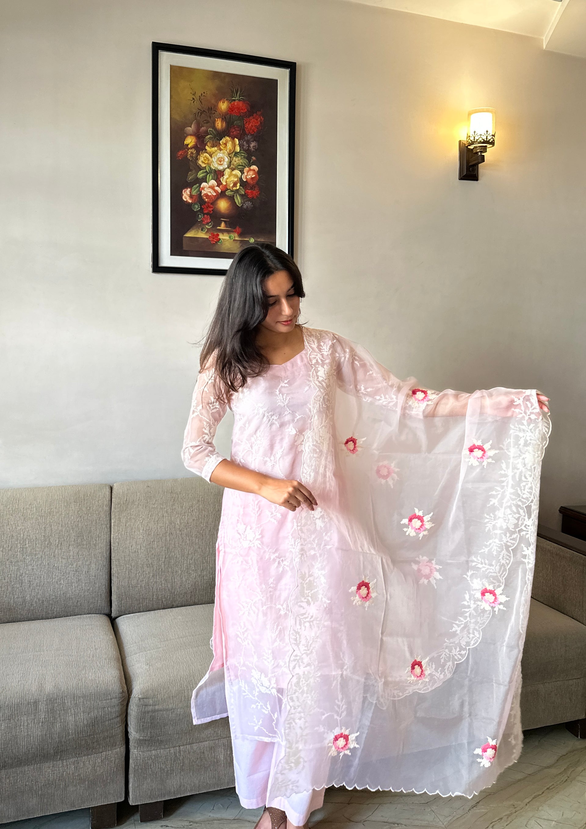 Floral Embroidery  Organza Dupatta Set
